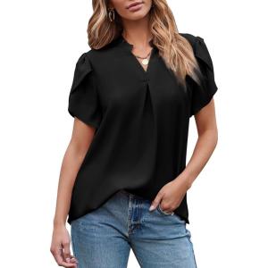 imageEVALESS Womens Dressy Casual Business Work Chiffon Blouses Tops Summer V Neck Cute Loose Petal Short Sleeve TShirtsBlack