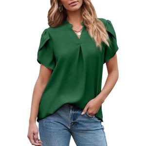 imageEVALESS Womens Dressy Casual Business Work Chiffon Blouses Tops Summer V Neck Cute Loose Petal Short Sleeve TShirtsBlackish Green