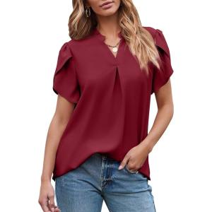 imageEVALESS Womens Dressy Casual Business Work Chiffon Blouses Tops Summer V Neck Cute Loose Petal Short Sleeve TShirtsBurgundy