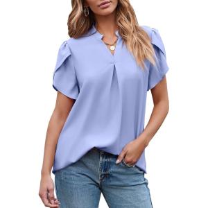 imageEVALESS Womens Dressy Casual Business Work Chiffon Blouses Tops Summer V Neck Cute Loose Petal Short Sleeve TShirtsLight Blue