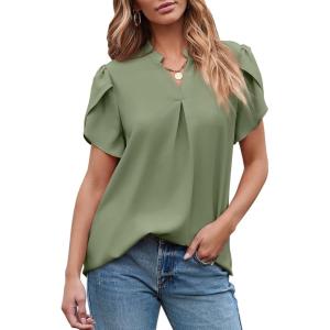 imageEVALESS Womens Dressy Casual Business Work Chiffon Blouses Tops Summer V Neck Cute Loose Petal Short Sleeve TShirtsLight Green