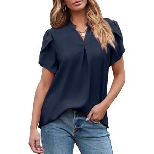 imageEVALESS Womens Dressy Casual Business Work Chiffon Blouses Tops Summer V Neck Cute Loose Petal Short Sleeve TShirtsNavy Blue