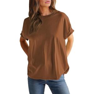 imageEVALESS Womens Fashion Summer Tops 2025 Crewneck Short Sleeve T ShirtsCoffee