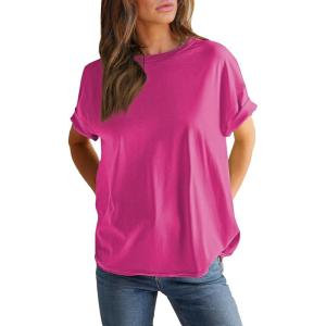 imageEVALESS Womens Fashion Summer Tops 2025 Crewneck Short Sleeve T ShirtsRose Red