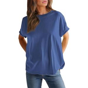 imageEVALESS Womens Fashion Summer Tops 2025 Crewneck Short Sleeve T ShirtsSail Blue