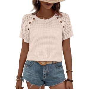 imageEVALESS Womens Short Sleeve Waffle Knit Tops Crewneck Lace Crochet Hollow Out Solid Loose Casual Basic T Shirts Tee BlousesApricot