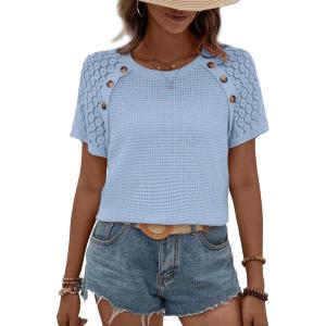 imageEVALESS Womens Short Sleeve Waffle Knit Tops Crewneck Lace Crochet Hollow Out Solid Loose Casual Basic T Shirts Tee BlousesBeau Blue