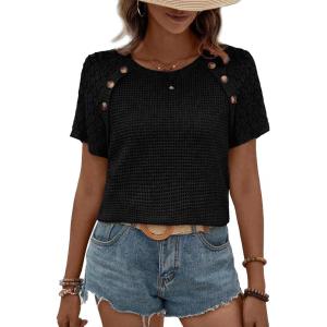 imageEVALESS Womens Short Sleeve Waffle Knit Tops Crewneck Lace Crochet Hollow Out Solid Loose Casual Basic T Shirts Tee BlousesBlack
