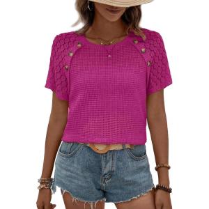 imageEVALESS Womens Short Sleeve Waffle Knit Tops Crewneck Lace Crochet Hollow Out Solid Loose Casual Basic T Shirts Tee BlousesRose Red