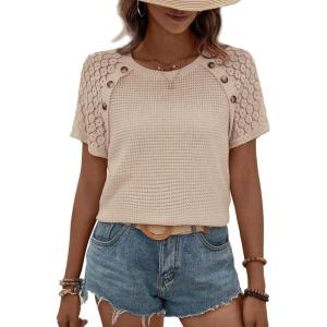 imageEVALESS Womens Short Sleeve Waffle Knit Tops Crewneck Lace Crochet Hollow Out Solid Loose Casual Basic T Shirts Tee BlousesSmoke Gray