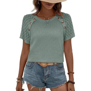 imageEVALESS Womens Short Sleeve Waffle Knit Tops Crewneck Lace Crochet Hollow Out Solid Loose Casual Basic T Shirts Tee BlousesSmoke Green