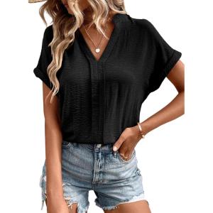 imageEVALESS Womens Tops Business Casual Outfits V Neck Ruffle Sleeve Blouses Womens Fashion Clothes 2025Black