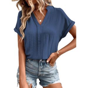 imageEVALESS Womens Tops Business Casual Outfits V Neck Ruffle Sleeve Blouses Womens Fashion Clothes 2025Blue