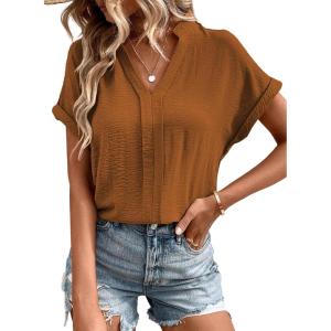 imageEVALESS Womens Tops Business Casual Outfits V Neck Ruffle Sleeve Blouses Womens Fashion Clothes 2025Brown