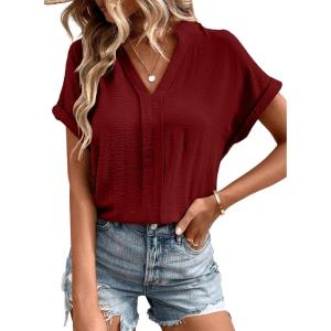 imageEVALESS Womens Tops Business Casual Outfits V Neck Ruffle Sleeve Blouses Womens Fashion Clothes 2025Red Dahlia