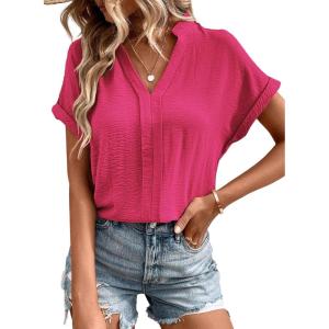 imageEVALESS Womens Tops Business Casual Outfits V Neck Ruffle Sleeve Blouses Womens Fashion Clothes 2025Rose Red