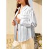 imageEVALESS Blouses for Women Dressy Casual Striped V Neck Long Sleeve Button Down Shirts Summer 2025 Loose Collared Blouse TopsWhite Stripe