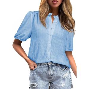 imageEVALESS Womens Button Down Shirts Cute Short Puff Sleeve V Neck Tops Spring Summer Blouses for Women Dressy CasualBeau Blue