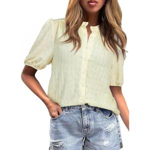 imageEVALESS Womens Button Down Shirts Cute Short Puff Sleeve V Neck Tops Spring Summer Blouses for Women Dressy CasualBeige