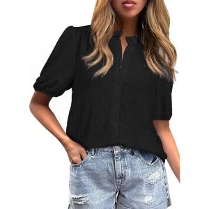 imageEVALESS Womens Button Down Shirts Cute Short Puff Sleeve V Neck Tops Spring Summer Blouses for Women Dressy CasualBlack