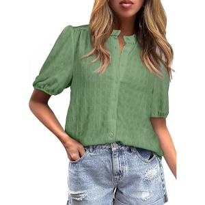 imageEVALESS Womens Button Down Shirts Cute Short Puff Sleeve V Neck Tops Spring Summer Blouses for Women Dressy CasualGrass Green