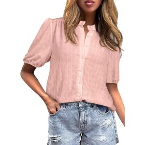 imageEVALESS Womens Button Down Shirts Cute Short Puff Sleeve V Neck Tops Spring Summer Blouses for Women Dressy CasualLight Pink