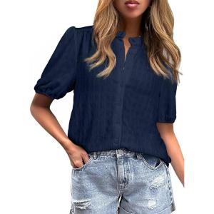 imageEVALESS Womens Button Down Shirts Cute Short Puff Sleeve V Neck Tops Spring Summer Blouses for Women Dressy CasualNavy Blue