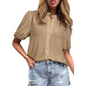 imageEVALESS Womens Button Down Shirts Cute Short Puff Sleeve V Neck Tops Spring Summer Blouses for Women Dressy CasualSmoke Gray
