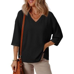 imageEVALESS Womens Summer Tops Trendy Dressy Casual 34 Sleeve Loose Solid Textured Tunic Tops Blouses Oversized T ShirtsBlack