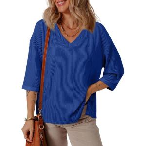 imageEVALESS Womens Summer Tops Trendy Dressy Casual 34 Sleeve Loose Solid Textured Tunic Tops Blouses Oversized T ShirtsBluing