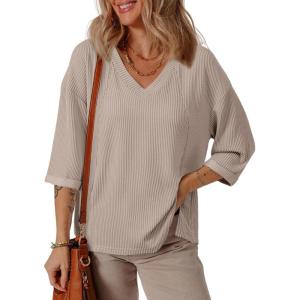 imageEVALESS Womens Summer Tops Trendy Dressy Casual 34 Sleeve Loose Solid Textured Tunic Tops Blouses Oversized T ShirtsCamel