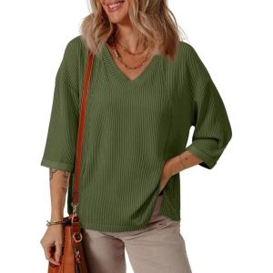 imageEVALESS Womens Summer Tops Trendy Dressy Casual 34 Sleeve Loose Solid Textured Tunic Tops Blouses Oversized T ShirtsJungle Green