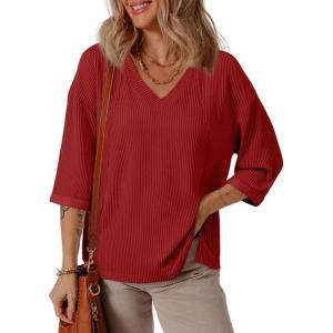 imageEVALESS Womens Summer Tops Trendy Dressy Casual 34 Sleeve Loose Solid Textured Tunic Tops Blouses Oversized T ShirtsRed