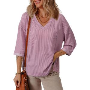 imageEVALESS Womens Summer Tops Trendy Dressy Casual 34 Sleeve Loose Solid Textured Tunic Tops Blouses Oversized T ShirtsValerian