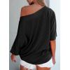 imageEVALESS Sexy Off The Shoulder Tops for Women 34 Length Sleeve Womens Tops Spring Summer 2025 Boat Neck One Shoulder ShirtsBlack