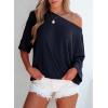 imageEVALESS Sexy Off The Shoulder Tops for Women 34 Length Sleeve Womens Tops Spring Summer 2025 Boat Neck One Shoulder ShirtsNavy Blue