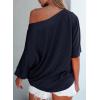imageEVALESS Sexy Off The Shoulder Tops for Women 34 Length Sleeve Womens Tops Spring Summer 2025 Boat Neck One Shoulder ShirtsNavy Blue