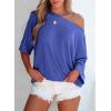 imageEVALESS Sexy Off The Shoulder Tops for Women 34 Length Sleeve Womens Tops Spring Summer 2025 Boat Neck One Shoulder ShirtsZ Dark Blue