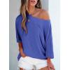 imageEVALESS Sexy Off The Shoulder Tops for Women 34 Length Sleeve Womens Tops Spring Summer 2025 Boat Neck One Shoulder ShirtsZ Dark Blue