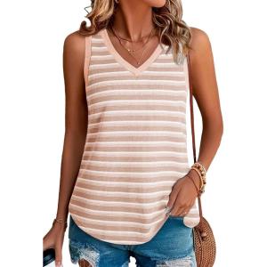 imageEVALESS Casual V Neck Tank Top for Women 2025 Spring Summer Tops Striped Tank Tops Sleeveless Tops Beach Vacation ClothesApricot Stripe