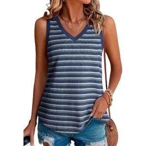 imageEVALESS Casual V Neck Tank Top for Women 2025 Spring Summer Tops Striped Tank Tops Sleeveless Tops Beach Vacation ClothesBlue Stripe