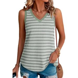 imageEVALESS Casual V Neck Tank Top for Women 2025 Spring Summer Tops Striped Tank Tops Sleeveless Tops Beach Vacation ClothesGreen Stripe