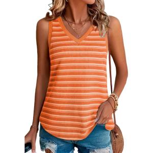 imageEVALESS Casual V Neck Tank Top for Women 2025 Spring Summer Tops Striped Tank Tops Sleeveless Tops Beach Vacation ClothesOrange Stripe