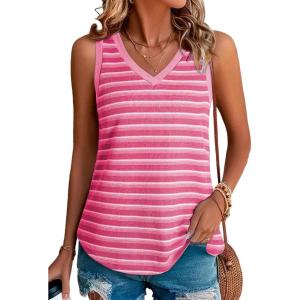 imageEVALESS Casual V Neck Tank Top for Women 2025 Spring Summer Tops Striped Tank Tops Sleeveless Tops Beach Vacation ClothesRose Stripe