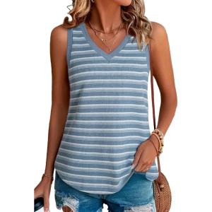 imageEVALESS Casual V Neck Tank Top for Women 2025 Spring Summer Tops Striped Tank Tops Sleeveless Tops Beach Vacation ClothesSky Blue Stripe