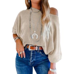 imageEVALESS Sexy Off The Shoulder Tops for Women 34 Length Sleeve Womens Tops Spring Summer 2025 Boat Neck One Shoulder ShirtsApricot