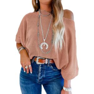 imageEVALESS Sexy Off The Shoulder Tops for Women 34 Length Sleeve Womens Tops Spring Summer 2025 Boat Neck One Shoulder ShirtsApricot Pink
