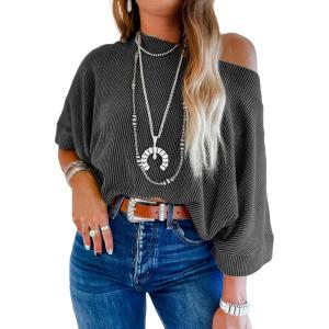 imageEVALESS Sexy Off The Shoulder Tops for Women 34 Length Sleeve Womens Tops Spring Summer 2025 Boat Neck One Shoulder ShirtsBlack