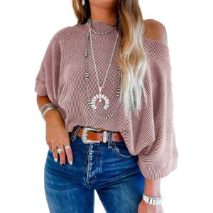 imageEVALESS Sexy Off The Shoulder Tops for Women 34 Length Sleeve Womens Tops Spring Summer 2025 Boat Neck One Shoulder ShirtsFushia