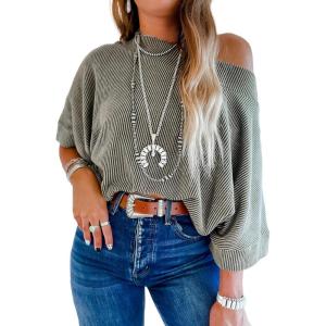 imageEVALESS Sexy Off The Shoulder Tops for Women 34 Length Sleeve Womens Tops Spring Summer 2025 Boat Neck One Shoulder ShirtsGray
